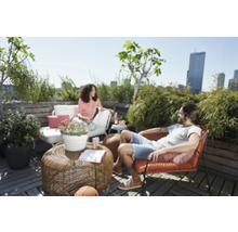 Terrasscène met zitmeubelen, tafel, planten en mensen tegen een stadsachtergrond