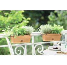 Twee balkonbakken met kruiden op een balkonreling