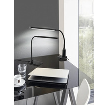 Twee zwarte led-bureaulampen op een glanzend bureau met een laptop, een glas water en een kop koffie.