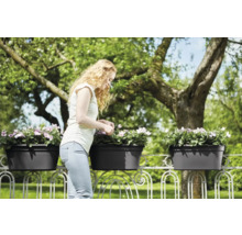 Vrouw verzorgt bloemen in balkonbakken op een balkonreling