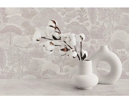 Modern interieur met behang in landschapspatroon, twee witte keramieken vazen en een katoentak op een licht oppervlak.