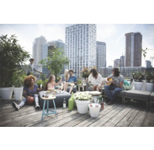 Scene van een feest op een dakterras met loungemeubilair, plantenbakken en drankjes voor een stadsgezicht