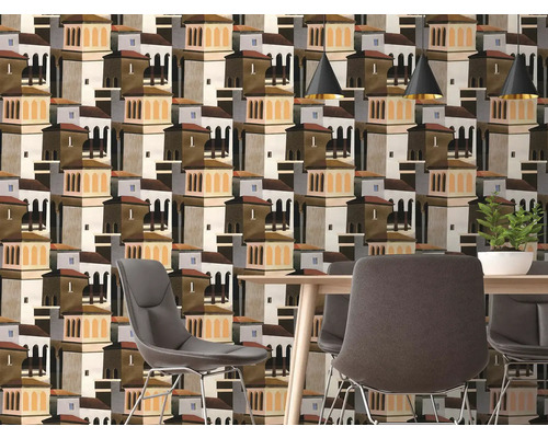 Vliesbehang met architectonisch patroon van mediterrane gebouwen en torens in een modern ingerichte eetkamer.