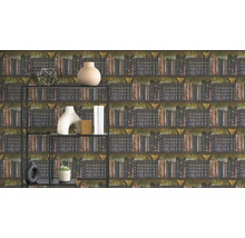 Vliesbehang met boekenkastontwerp en antieke boeken, daarvoor een metalen stellingkast met diverse decoratieve artikelen.