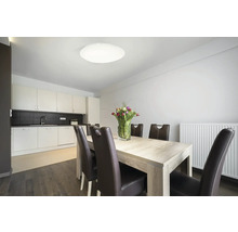 Eetkamer met eettafel, stoelen en plafondlamp in modern design