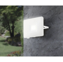 Witte led buitenlamp aan een muur naast een tuin