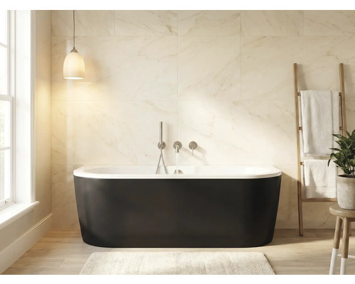 Badkamer met vrijstaand bad, handdoekladder en raam voor daglicht