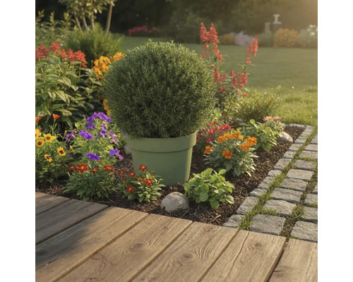 Tuinlandschap met potplant en kleurrijke bloemen