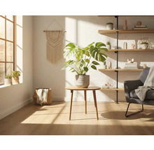 Lichte woonkamer met kamerplant, fauteuil en wandplank