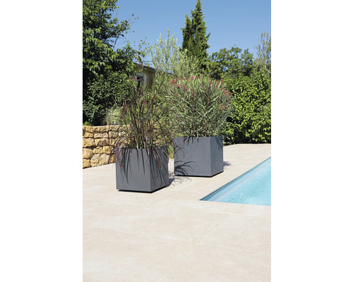 Twee grijze plantenbakken met beplanting naast een zwembad