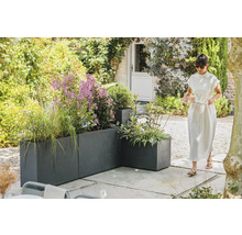 Tuinaanzicht met grijze plantenbakken en een vrouw die een dienblad draagt