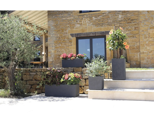 Decoratieve bloempotten van aardewerk met bloeiende planten in een tuin