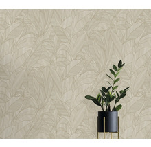 Behang met bladmotief en plantenarrangement