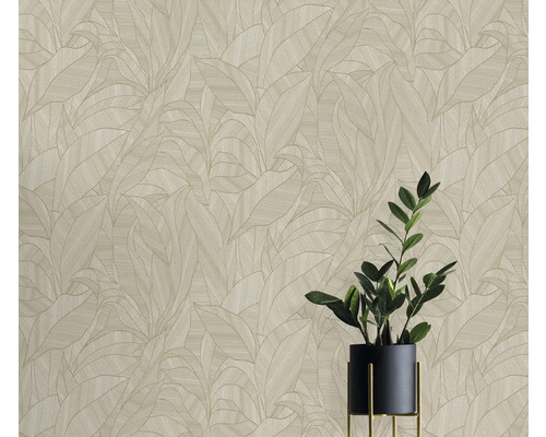 Behang met bladmotief en plantenarrangement