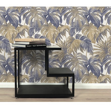 Kamerbeeld met Monstera-bladbehang en zwart rek