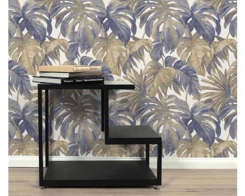 Kamerbeeld met Monstera-bladbehang en zwart rek