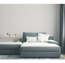 Woonkamer met grijsblauwe hoekbank, witte kussens en grijs tapijt