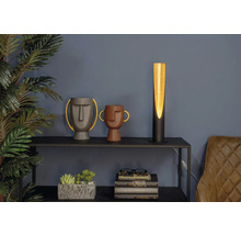 Decoratieve scène met een tafellamp, twee vazen met gezichten, kamerplanten en boeken op een plank