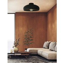 Woonkamer met plafondlamp, bank en houten wand