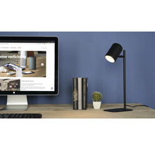 Bureau met computer, boeken, cactus en een zwarte lamp