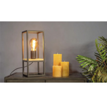 Decoratieve tafellamp met Edison lamp, kaarsen en kamerplant op een dressoir.