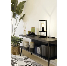 Decoratieve plank met lamp, geurstokjes, kaarsen en kamerplanten