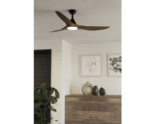 Plafondventilator met drie bladen en geïntegreerde verlichting in een lichte kamer.