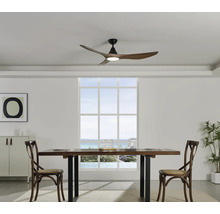 Eetkamer met plafondventilator, eettafel en stoelen.