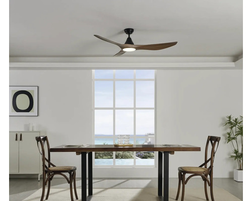 Eetkamer met plafondventilator, eettafel en stoelen.