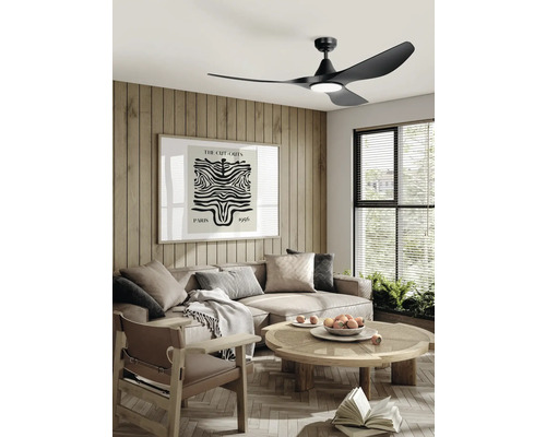 Woonkamer met plafondventilator, bank en houten tafel