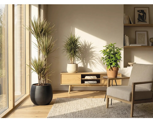 Woonkamer met kamerplanten in potten, houten meubels en vloerkleed