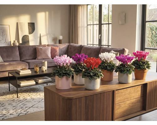 Interieur met verschillende gekleurde cyclamen in potten op een houten kast