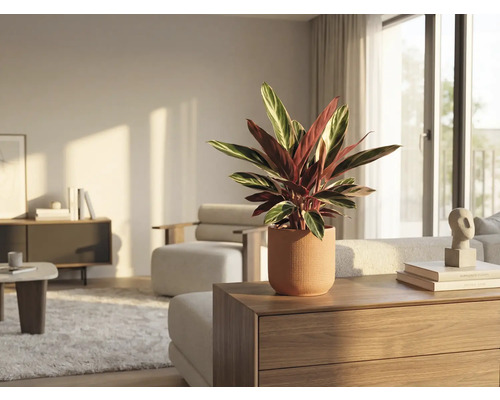 Interieurfoto van een woonkamer met een gebedsplant in een pot op een commode