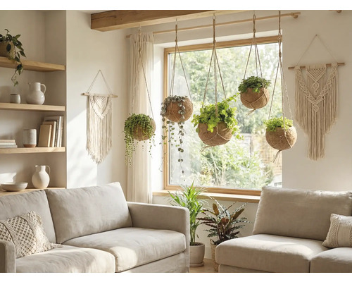 Woonkamer met banken en hangplanten in kokosnootschalen.