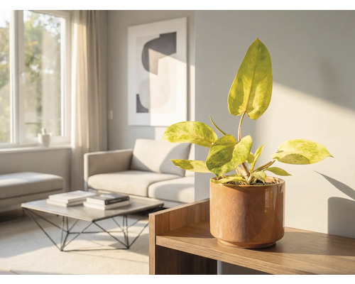 Kamer met Philodendron plant in pot op een houten plank