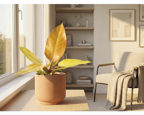 Interieurscène met kamerplant in keramische pot op een tafel