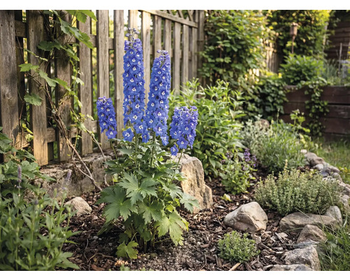 Tuin met ridderspoor voor een houten hek