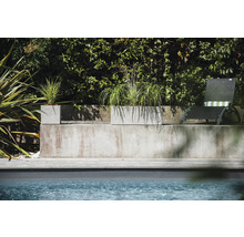 Betonnen plantenbakken met beplanting naast zwembad en ligstoel