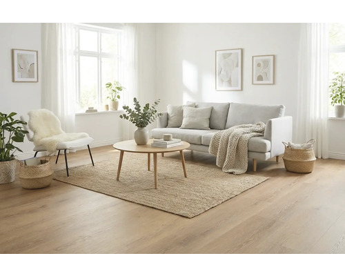 Woonkamer met bank, tapijt, tafel, stoel en decoraties in een lichte en vriendelijke sfeer