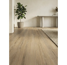 Lichte houten vloer in een lichte kamer met tapijt, plant en tafel