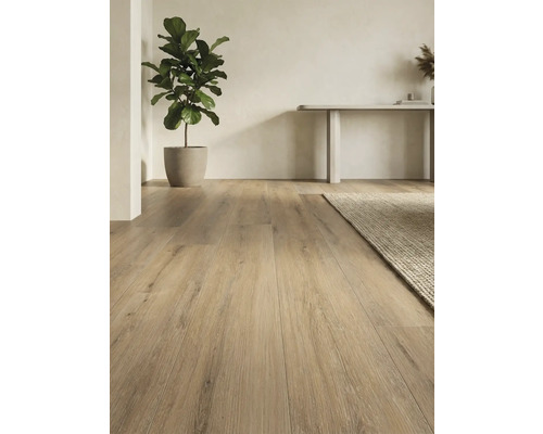 Lichte houten vloer in een lichte kamer met tapijt, plant en tafel