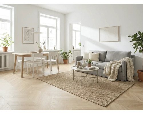 Lichte woonkamer met bank, eettafel, stoelen en tapijt op parketvloer.