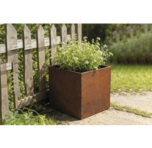 Vierkante metalen plantenbak met beplanting naast een houten schutting