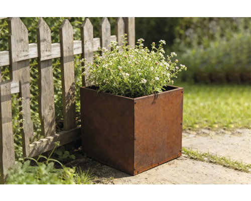Vierkante metalen plantenbak met beplanting naast een houten schutting