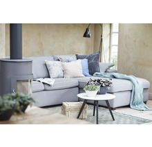 Woonkamer met grijze bank, kachel, bijzettafel en decoratieve elementen voor een gezellige sfeer