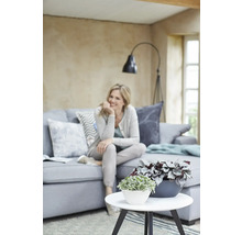 Woonkamer met grijze bank, kamerplanten op een ronde tafel en een vrouw