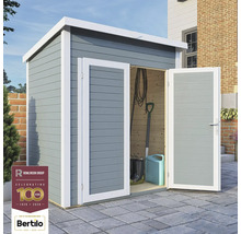 Tuinhuis met open deuren, tuingereedschap binnenin