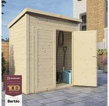 Houten tuinkast met open deur, tuingereedschap op de achtergrond. Rowlinson Group Logo. Bertilo Logo.