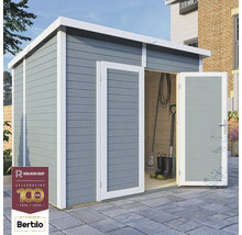 Houten tuinhuis met dubbele deur en gereedschap binnenin