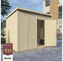 Houten tuinhuis met dubbele deur en gereedschap